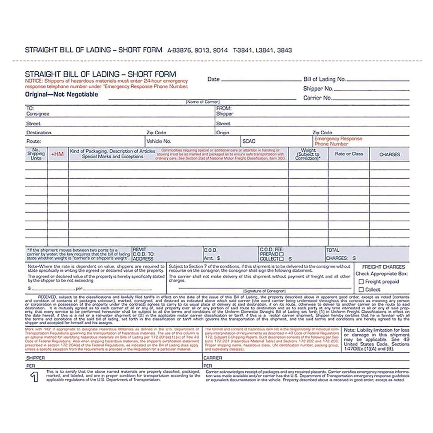 Bill of Lading - Short Form for Up to Ten Articles, Three-Part Carbonless, 8.5 x 6.94, 250 Forms Total