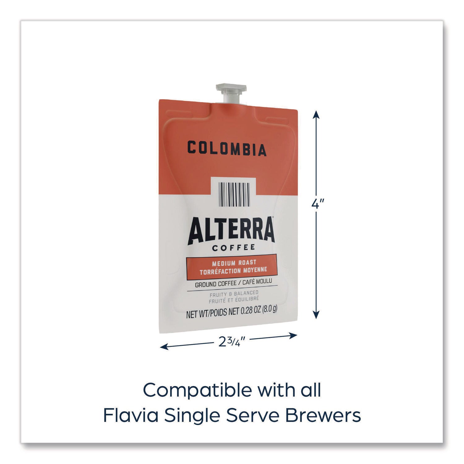 Compatible with Flavia Aroma, Flavia Barista, FLAVIA Creation 600, Flavia Creation 500, Flavia Creation 200, Flavia Creation 150, Flavia Creation 300, Flavia - Hot Coffee - Medium - Freshpack - Colombia, Regular - Kosher - 100 / Carton
