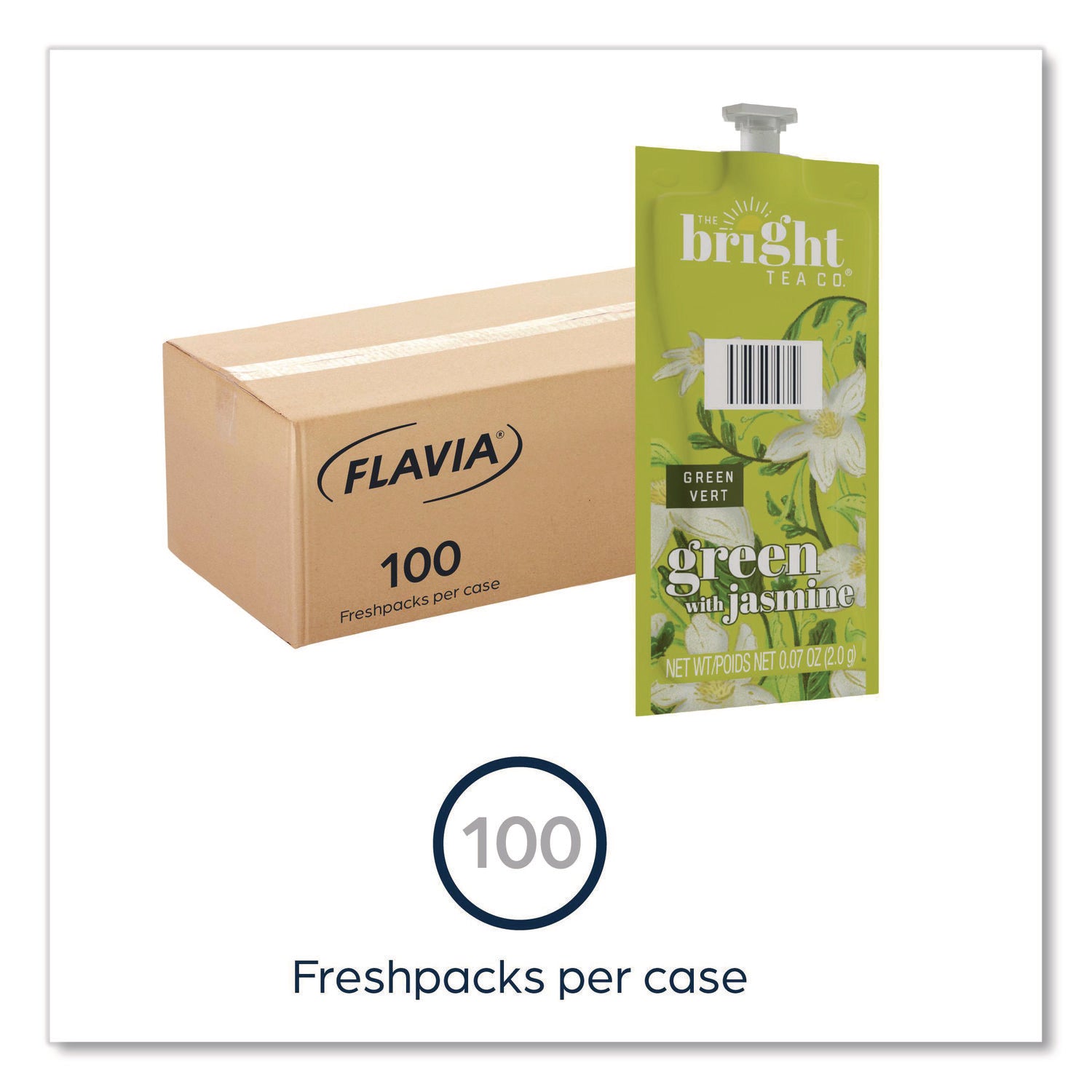 Flavia Bright Tea Co Green Tea with Jasmine, Caffeinated, Kosher, Freshpack, Compatible with Flavia Aroma, Creation 300, Creation 600, 100/Carton