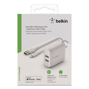 BOOST CHARGE Dual USB-A Wall Charger + Lightning to USB-A Cable, White