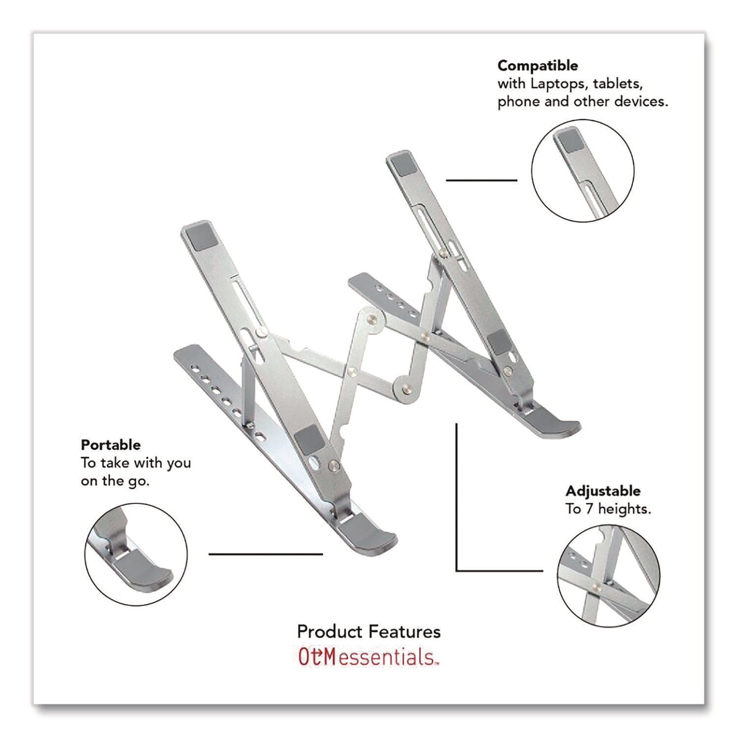 Portable Laptop Riser Stand, 11.85" x 2.5" to 5.5", Silver