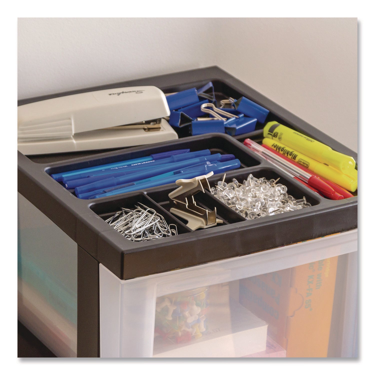 2-Compartment Desktop Stackable Storage Drawer, 12.17 x 14.33 x 16.77, Black/Translucent White
