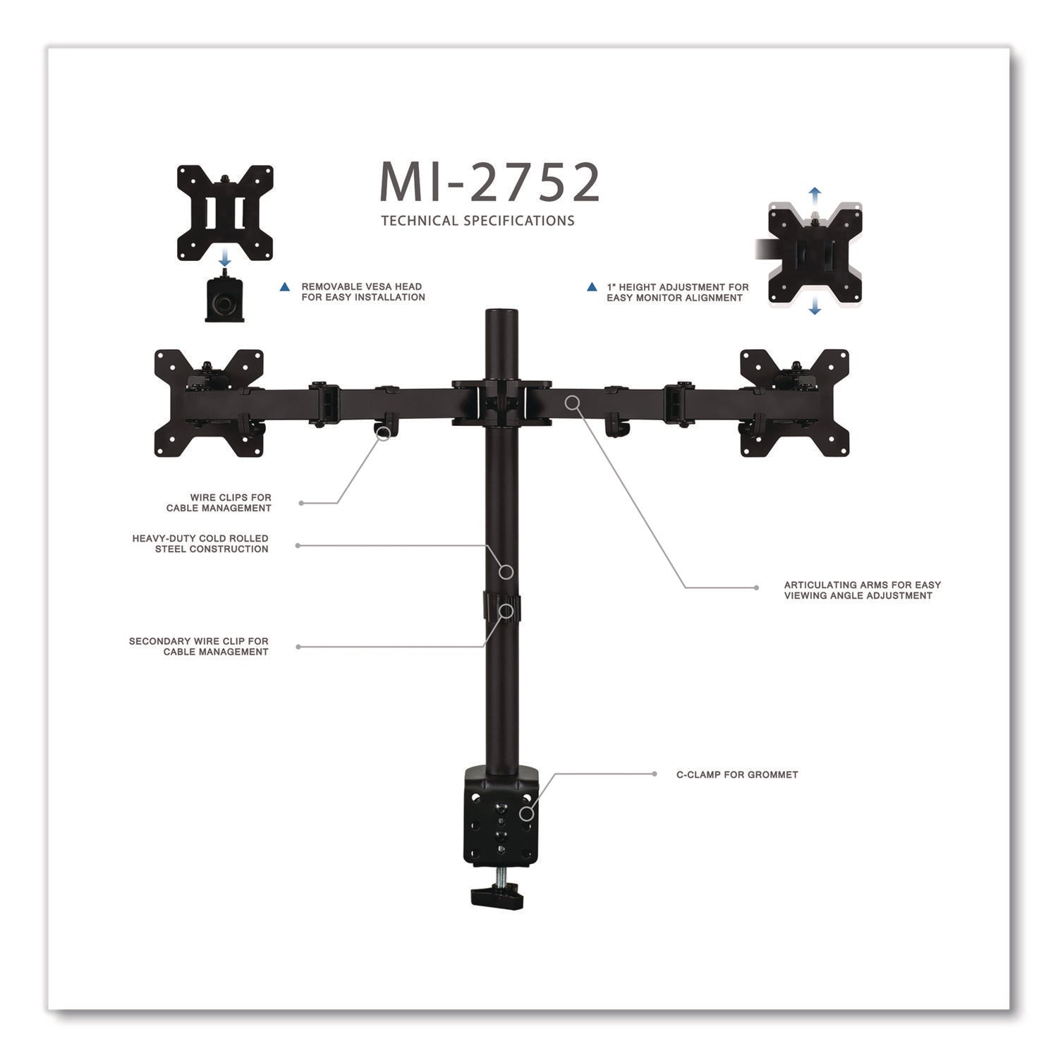 Full Motion Dual Monitor Desktop Mount, For 17" to 27" Monitors, 360 Degree Rotation, +/-90 Degree Tilt, Black, Supports 22lb