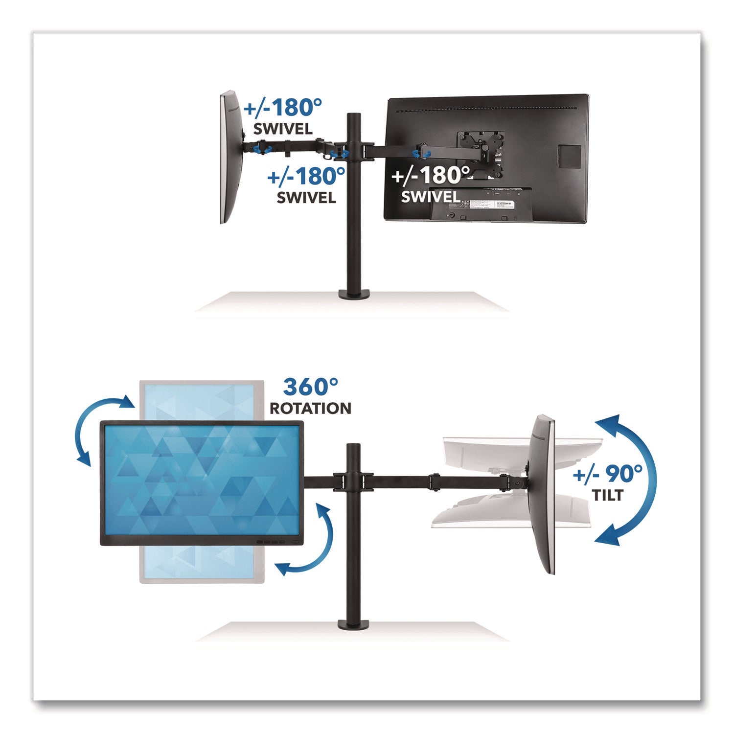 Full Motion Dual Monitor Desktop Mount, For 17" to 27" Monitors, 360 Degree Rotation, +/-90 Degree Tilt, Black, Supports 22lb