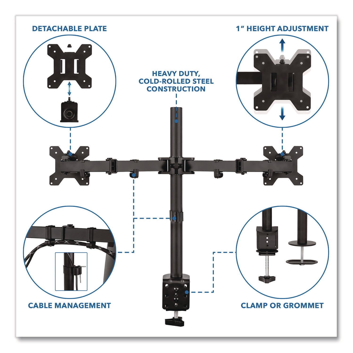 Full Motion Dual Monitor Desktop Mount, For 17" to 27" Monitors, 360 Degree Rotation, +/-90 Degree Tilt, Black, Supports 22lb