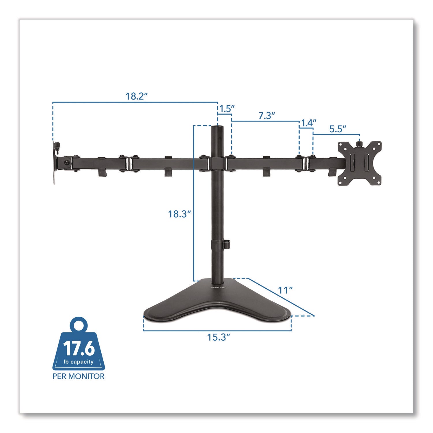 Dual Monitor Desk Stand, For 19" to 32" Monitors, 36.4" x 11" x 18.3", Black, Supports 17.6 lb