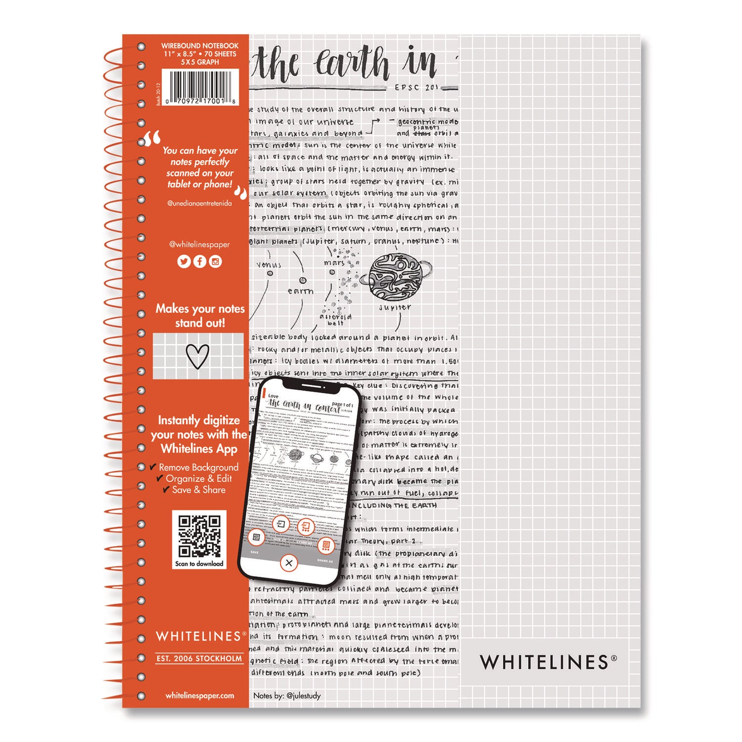 Whitelines Notebook, Quadrille Rule (5 sq/in), Gray/Orange Cover, (70) 11 x 8.5 Sheets
