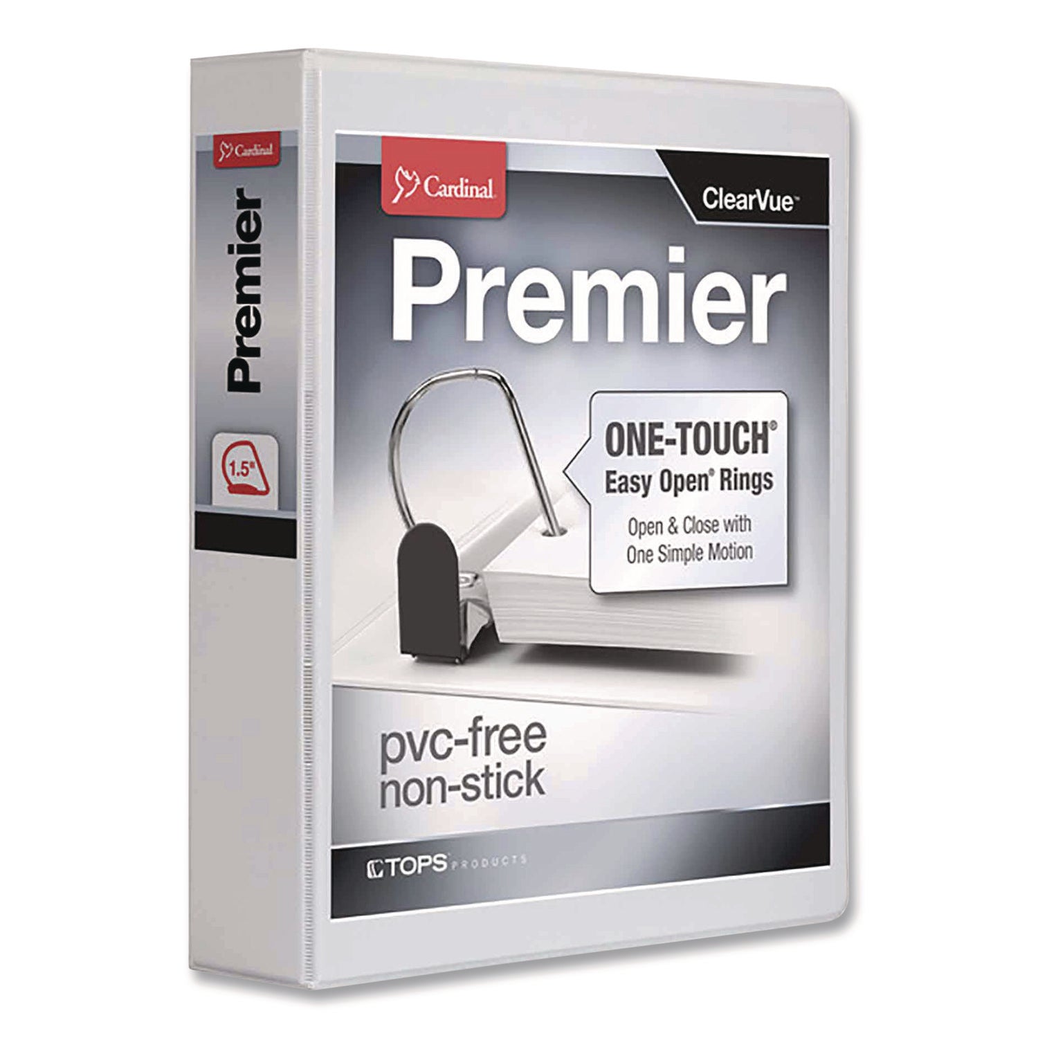 Cardinal Premier ONE-TOUCH Easy Open Locking Slant-D Ring Binder, 1.5" Capacity, Letter Size, 375 Sheet Capacity, 3 D-Rings, 4 Pockets, White, 1 Each