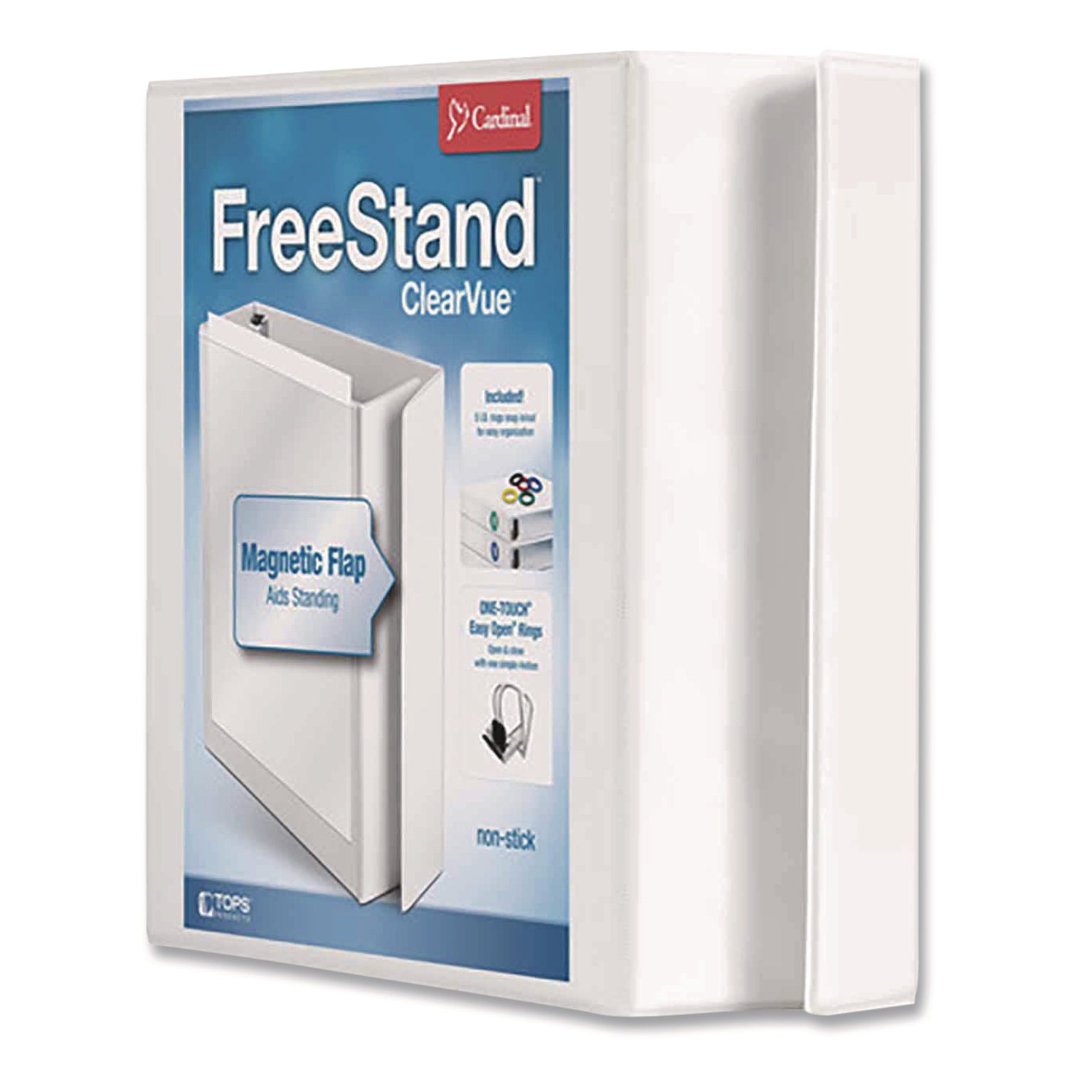 Cardinal FreeStand Easy Open Slant-D Ring Binder, 2" Capacity, 3 D-Rings, Letter Size, 525 Sheet Capacity, White, Polypropylene, Magnetic Closure, Clear Overlay, Archival-Safe, 1 Each
