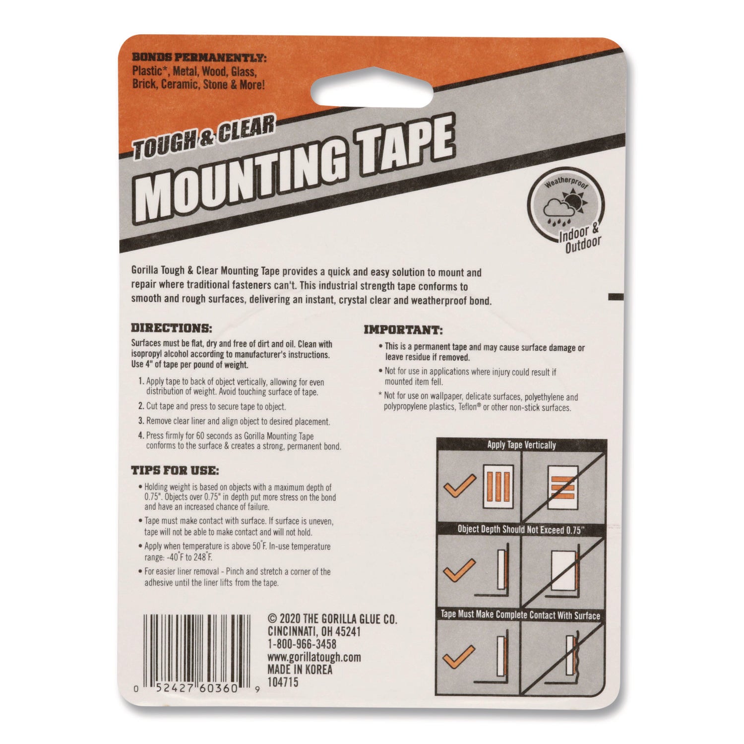 6036002 Gorilla 1 In. x 150 In. Tough & Clear Double-Sided Mounting Tape (38 Lb. Capacity)