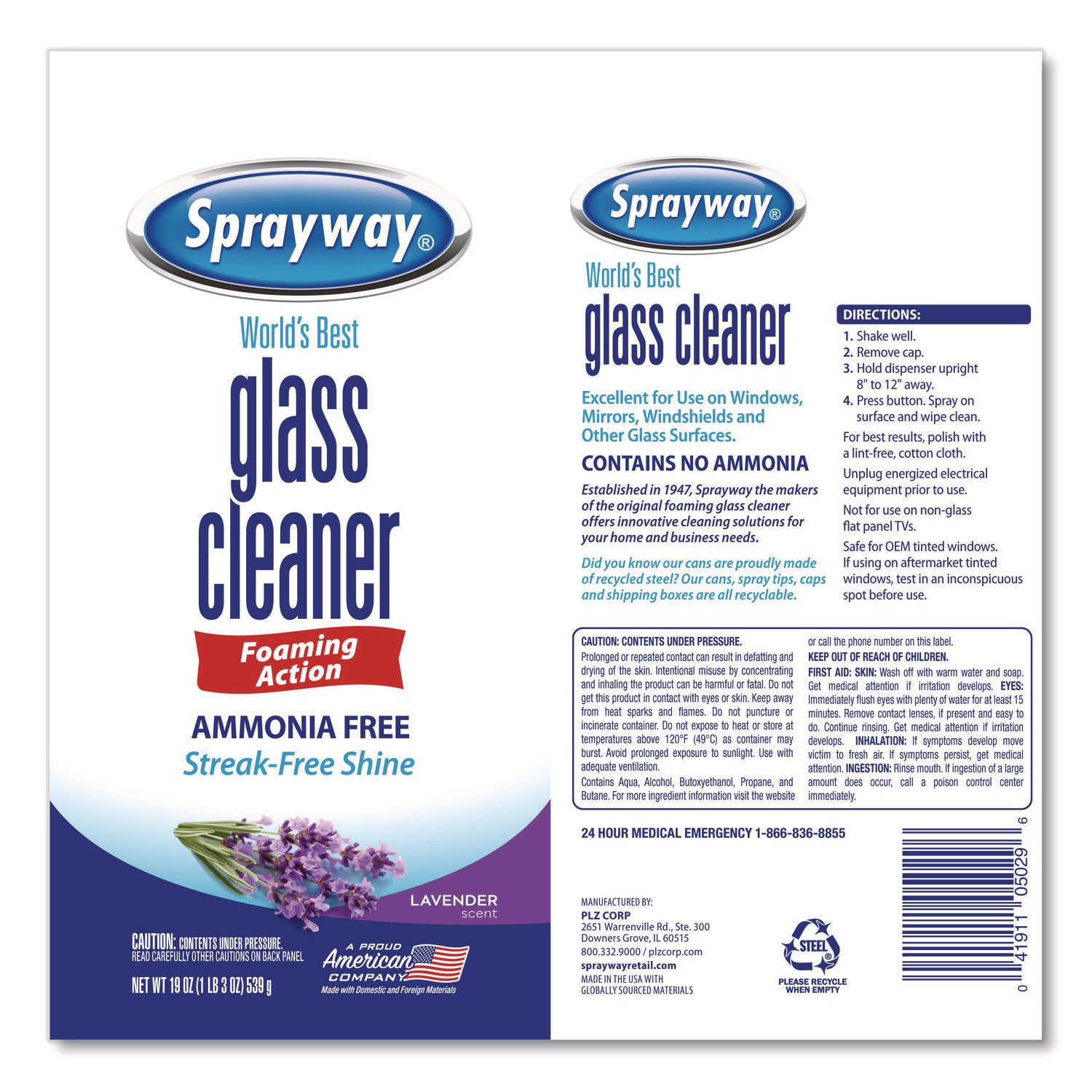 Glass Cleaner, Lavender, 19 oz Aerosol Spray, 6/Carton