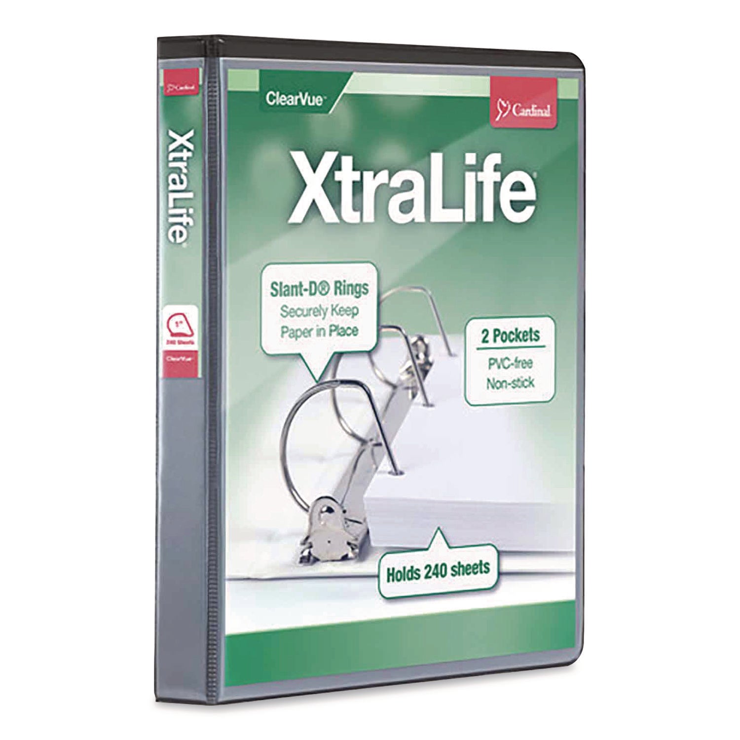 Cardinal Xtralife ClearVue Locking Slant-D 3-Ring Binder, 1" Spine, 270 Sheet Capacity, Letter Size, 2 Inside Pockets, Black, 1 Each