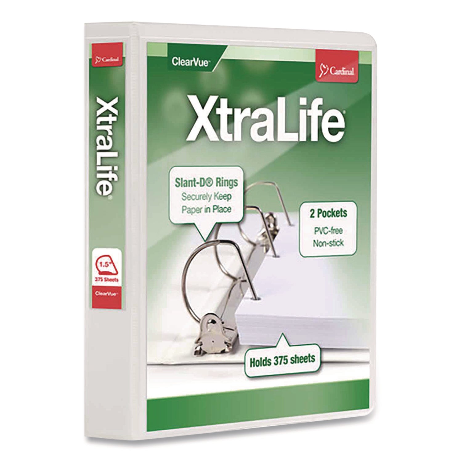 XtraLife ClearVue Non-Stick Slant-D Ring Binder, 3 Rings, 1.5" Capacity, 11 x 8.5, White