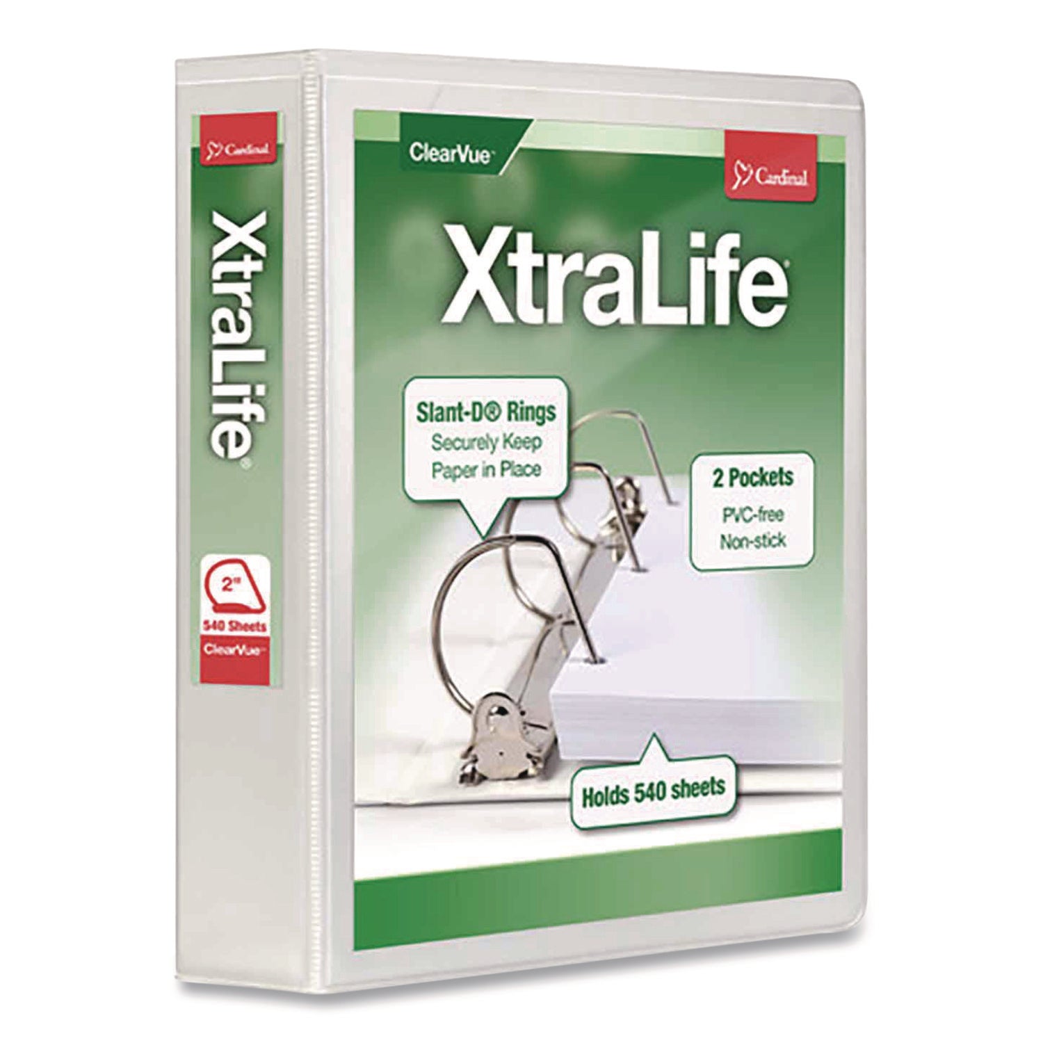 Cardinal Xtralife ClearVue Locking Slant-D Binder, 2" Capacity, 3 D-Rings, Letter Size, 540 Sheet Capacity, 2 Pockets, White, 1 Each