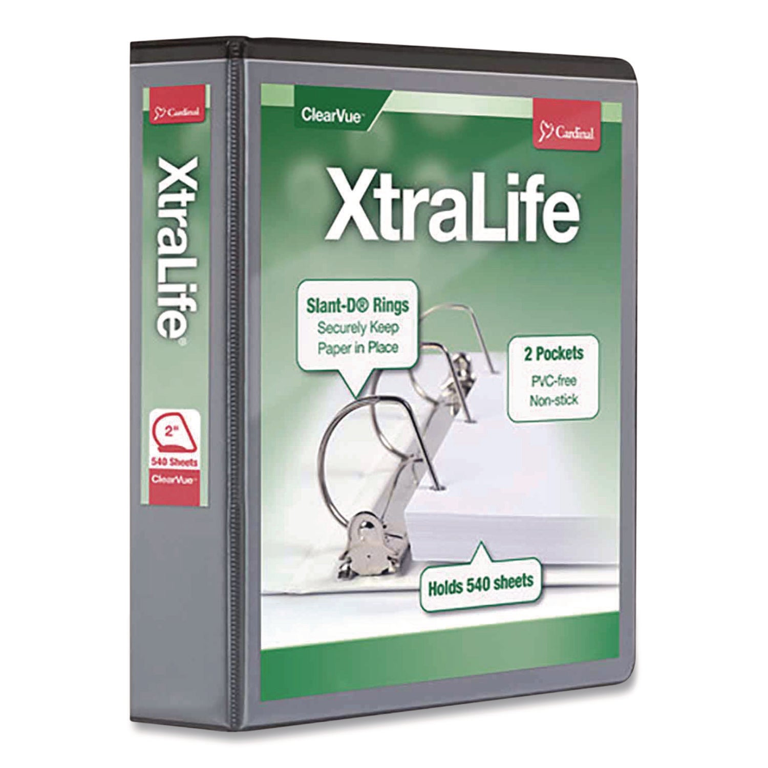 Cardinal Xtralife ClearVue Locking Slant-D 3-Ring Binder, 2" Capacity, Letter Size, 540 Sheet, 2 Pockets, Black, Polyolefin, Non-stick, PVC-free, Clear Overlay, Cold & Crack Resistant, 1 Each