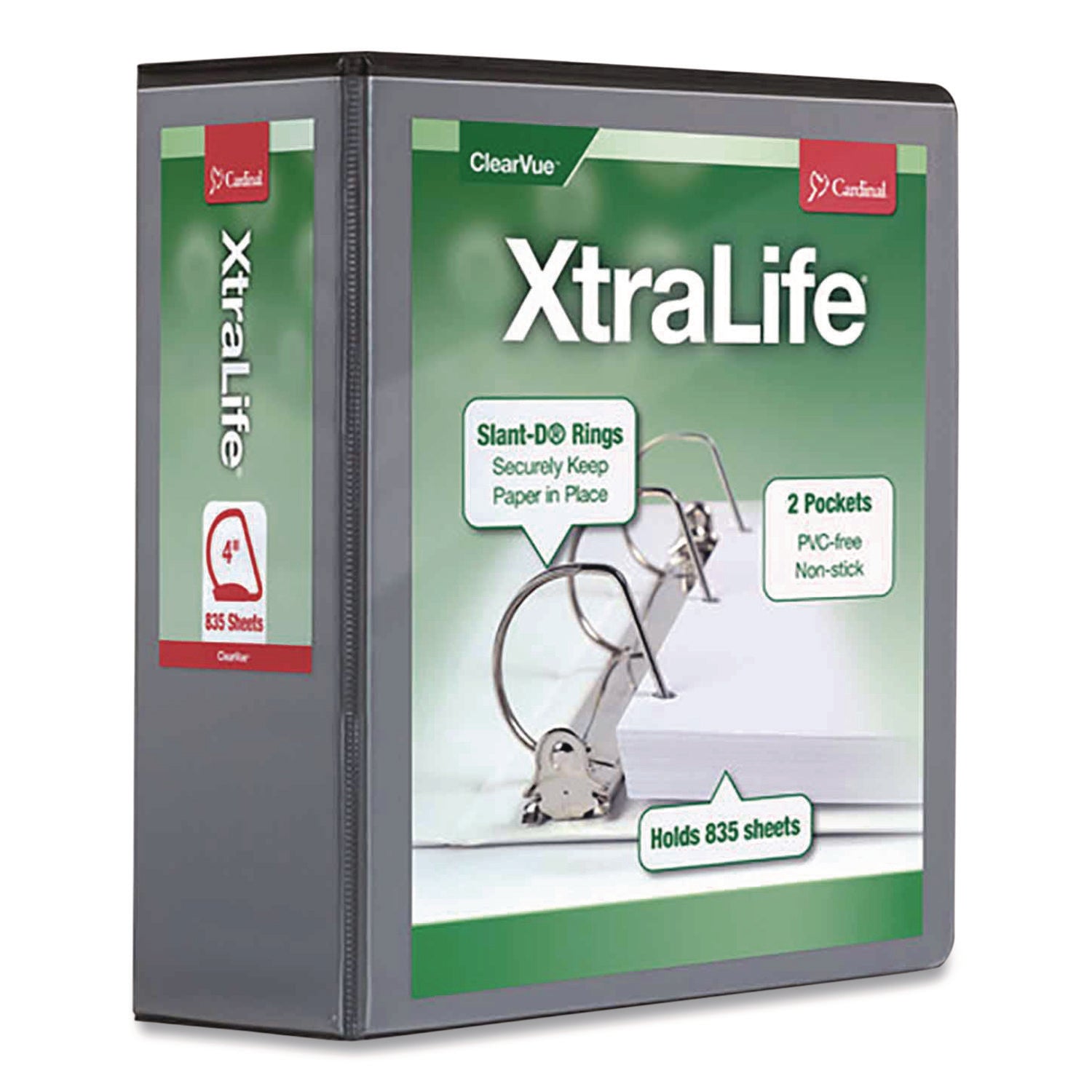 Cardinal Xtralife ClearVue Locking Slant-D Binder, 4" Capacity, Letter Size, 890 Sheet, 3 Rings, 2 Pockets, Polyolefin, Black, 1 Each