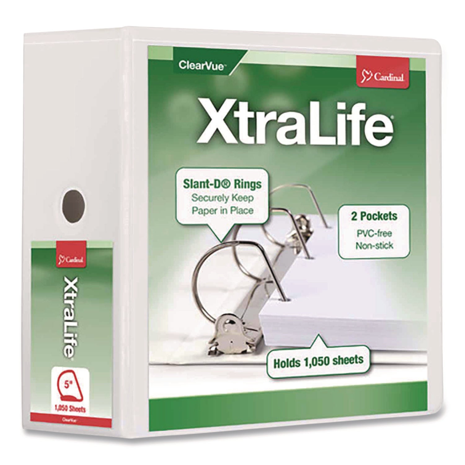 Cardinal Xtralife ClearVue Locking Slant-D Binder, 5" Capacity, Letter Size, 3 D-Rings, 2 Inside Pockets, White, Polyolefin, Non-stick, PVC-free, Clear Overlay, Cold & Crack Resistant, 1 Each