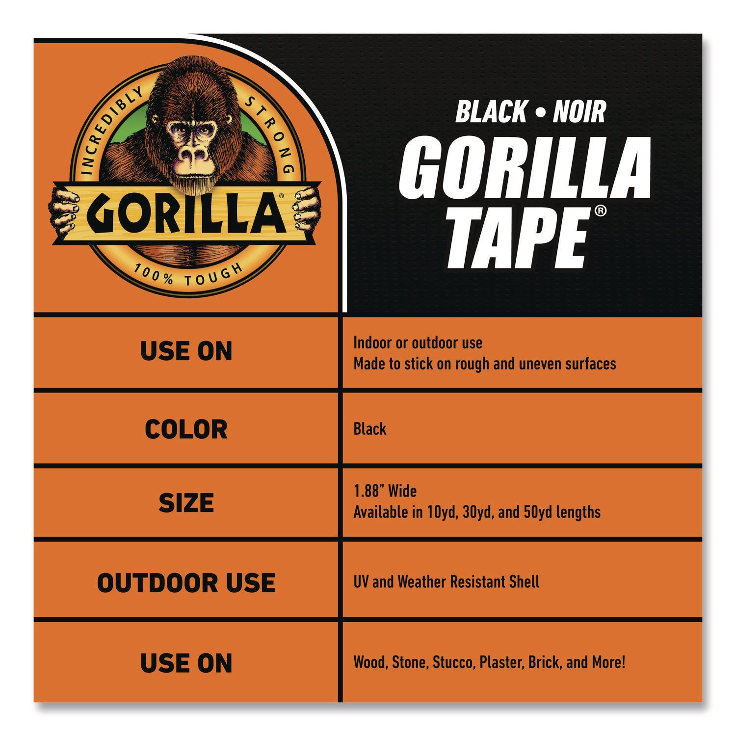 Gorilla Tape - 10 yd Length x 1.88" Width - Black - 1 Each