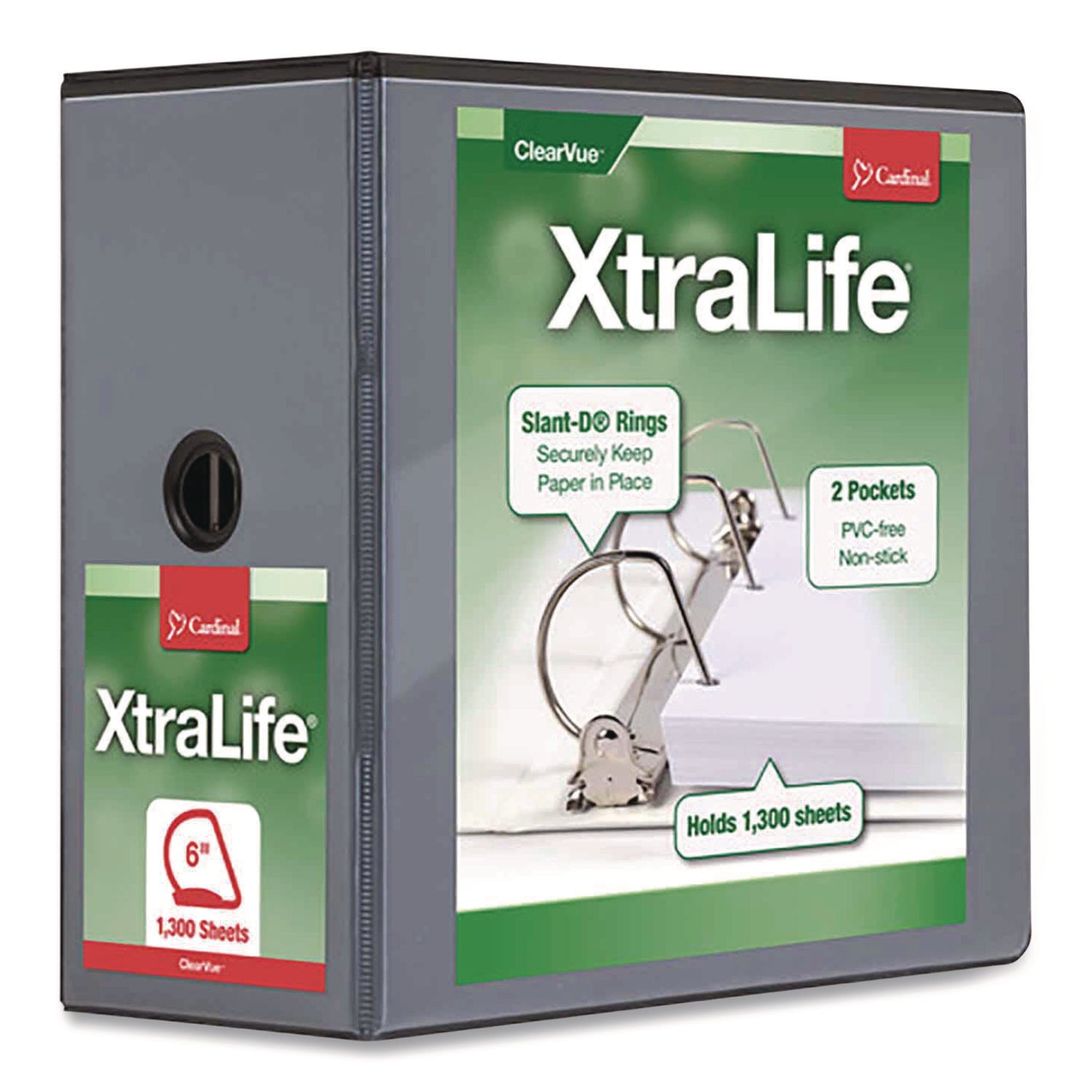 Cardinal Xtralife ClearVue Locking Slant-D Binder, 6" Capacity, Letter Size, 1300 Sheet, 3 D-Rings, 2 Inside Pockets, Black, Polyolefin, 1 Each