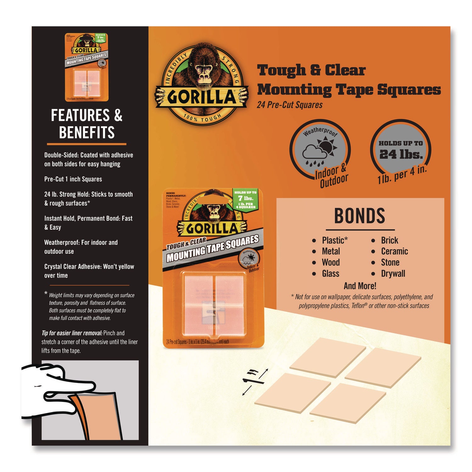6067202 Gorilla Glue 1 In. x 1 In. 7 Lb. Capacity Permanent Clear Mounting Squares (24-Pack)