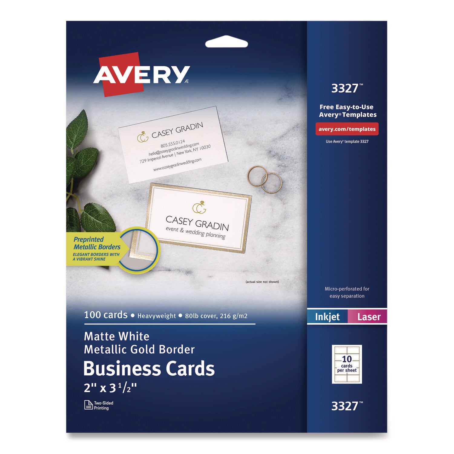 Business Cards with Metallic Gold Borders, Inkjet/Laser, 2 x 3.5, White, 100 Cards, 10 Cards/Sheet, 10 Sheets/Pack