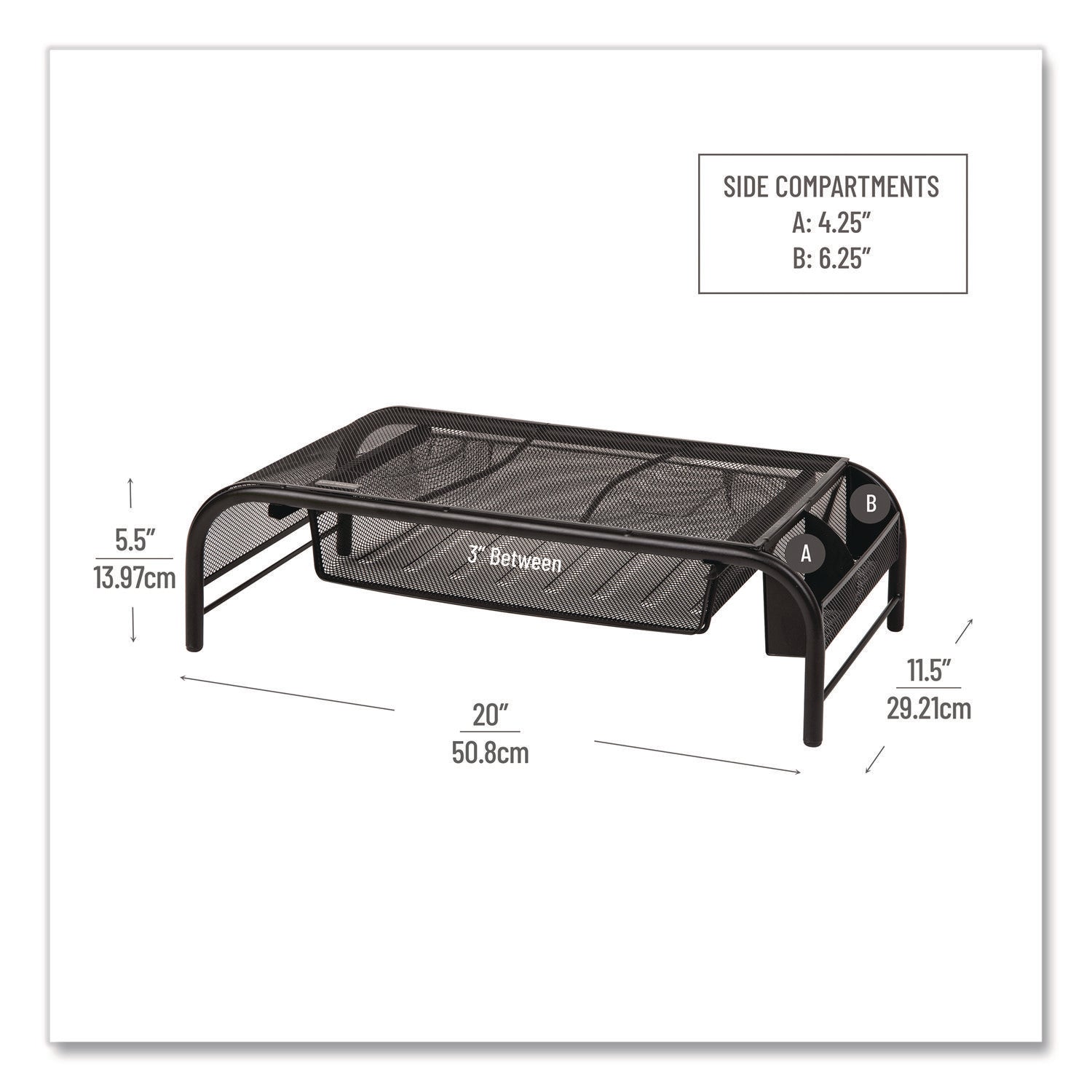 Metal Mesh Monitor Stand with Paper Tray, 20" x 11.5" x 5.5", Black, Supports 33 lb, 2/Pack