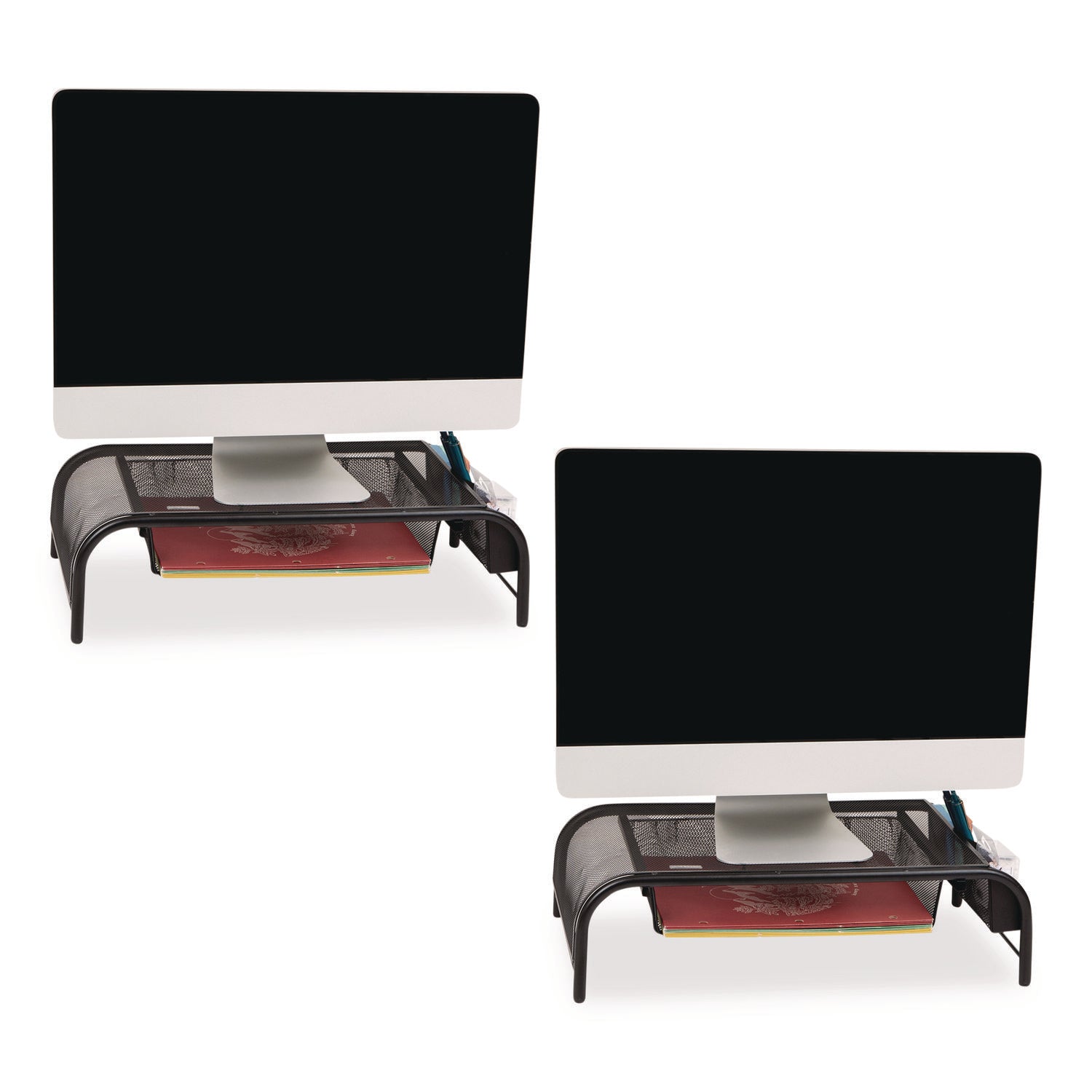 Metal Mesh Monitor Stand with Paper Tray, 20" x 11.5" x 5.5", Black, Supports 33 lb, 2/Pack