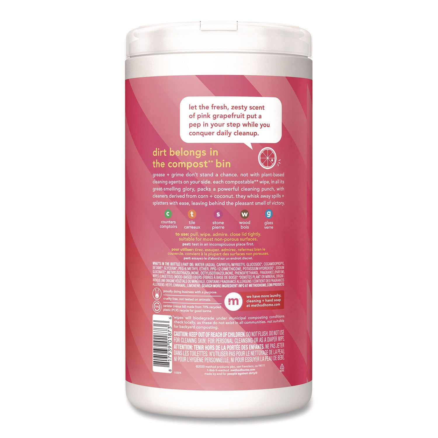 All Purpose Cleaning Wipes, 1 Ply, Pink Grapefruit, White, 70/Pack