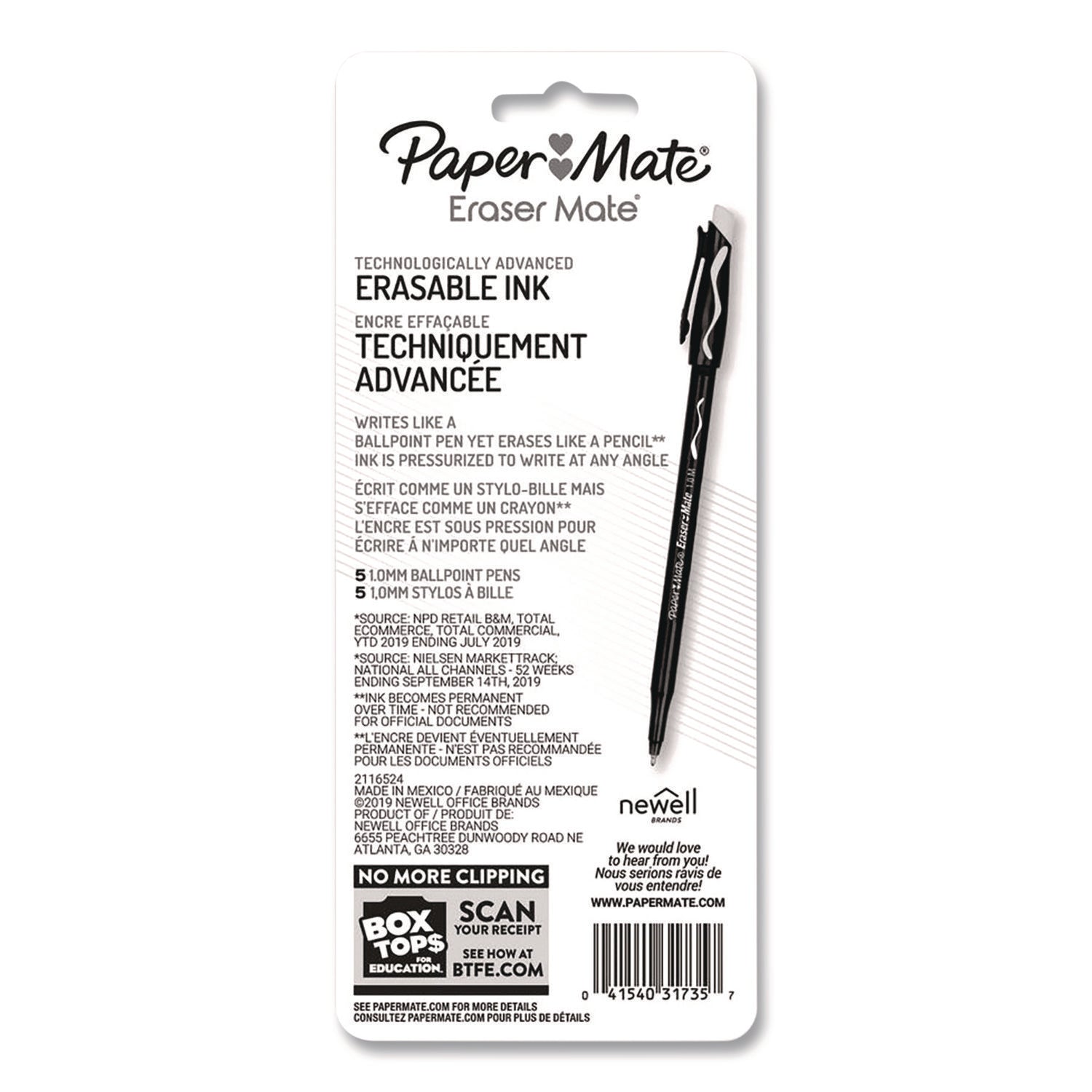 Eraser Mate Ballpoint Pen, Stick, Medium 1 mm, Red Ink, Red Barrel, 5/Pack