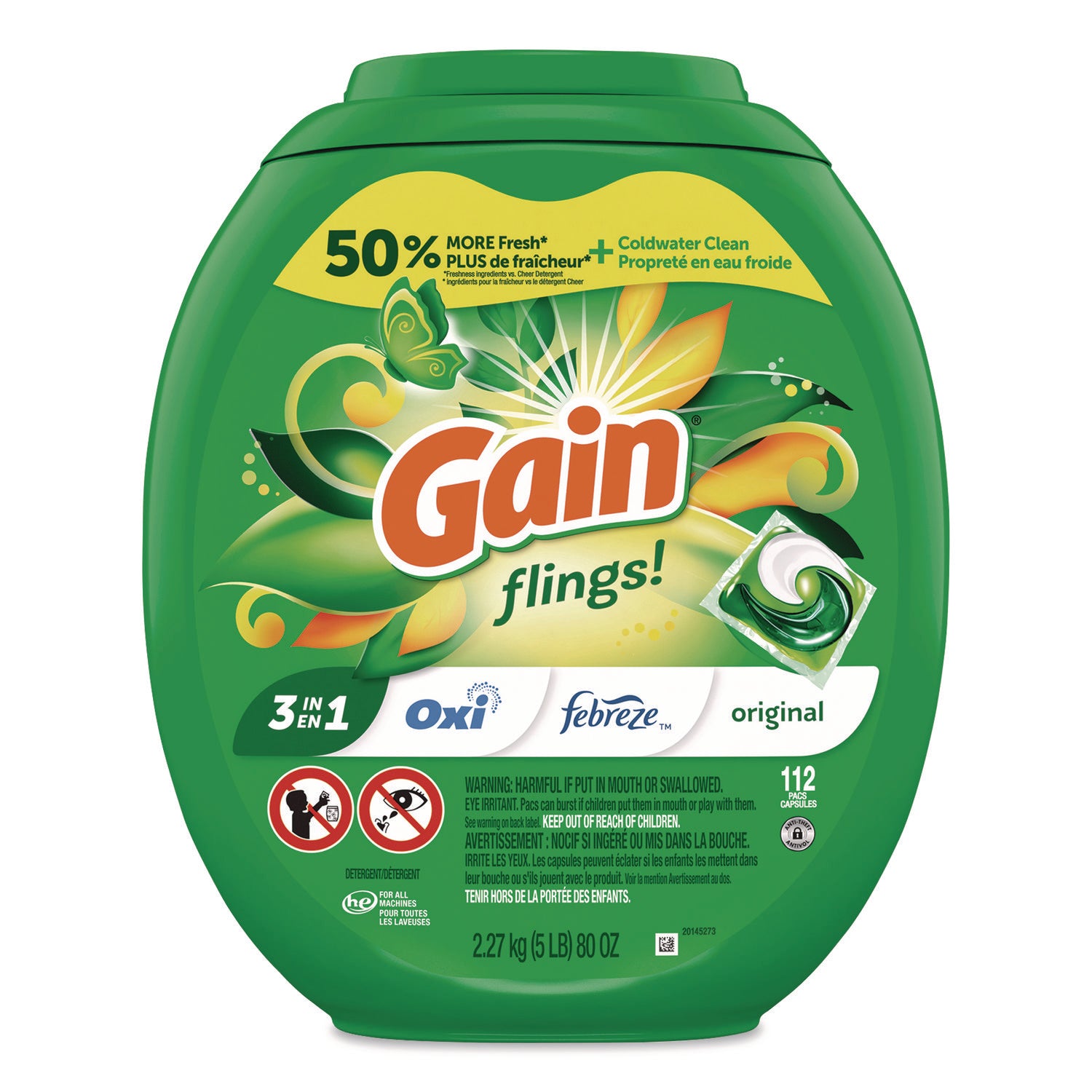 Flings Detergent Pods, Original, 112 Pods, 80 oz Tub