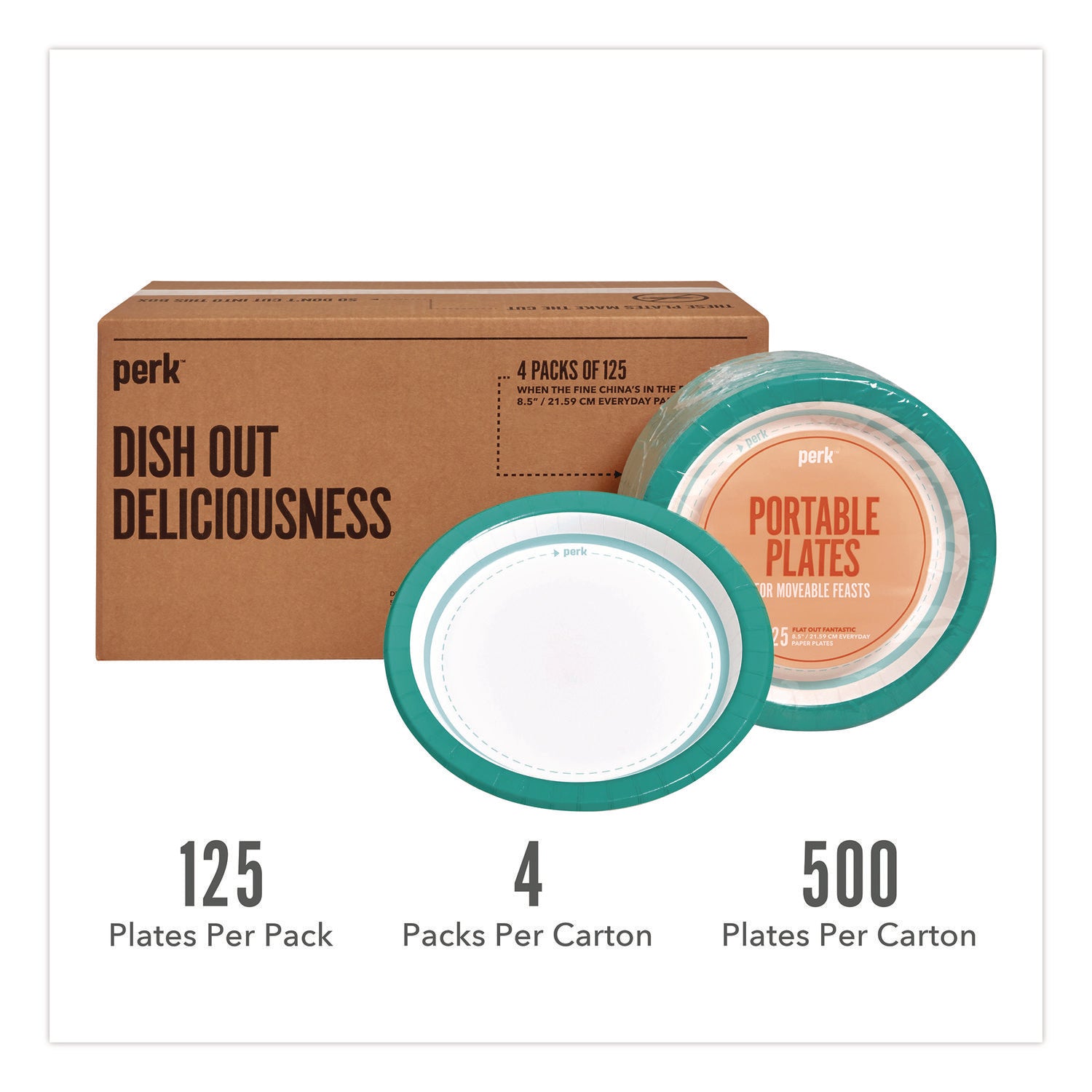 Medium-Weight Paper Plates, 8.5" dia, White/Teal, 500/Carton