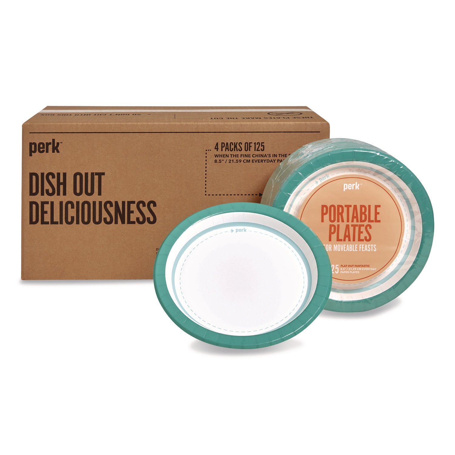 Medium-Weight Paper Plates, 8.5" dia, White/Teal, 500/Carton