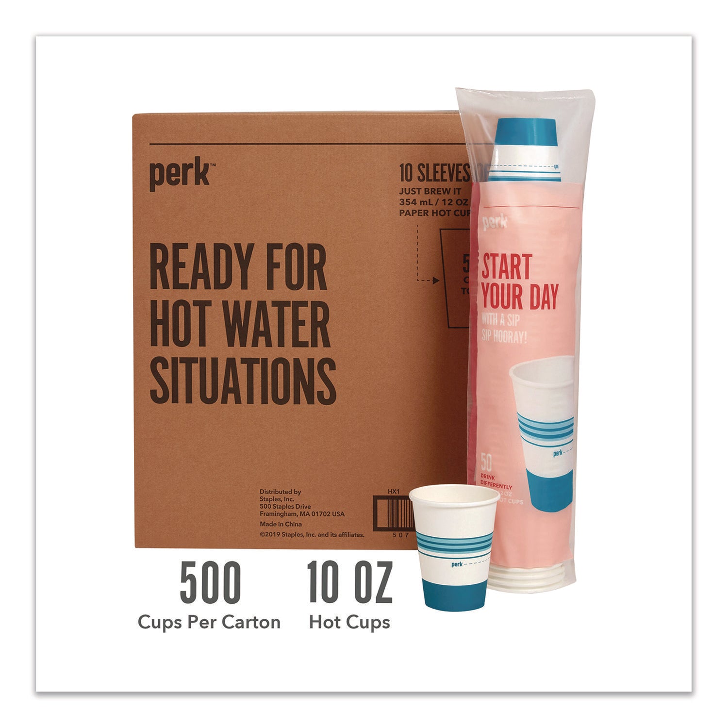 Paper Hot Cups, 12 oz, White/Blue, 500/Carton