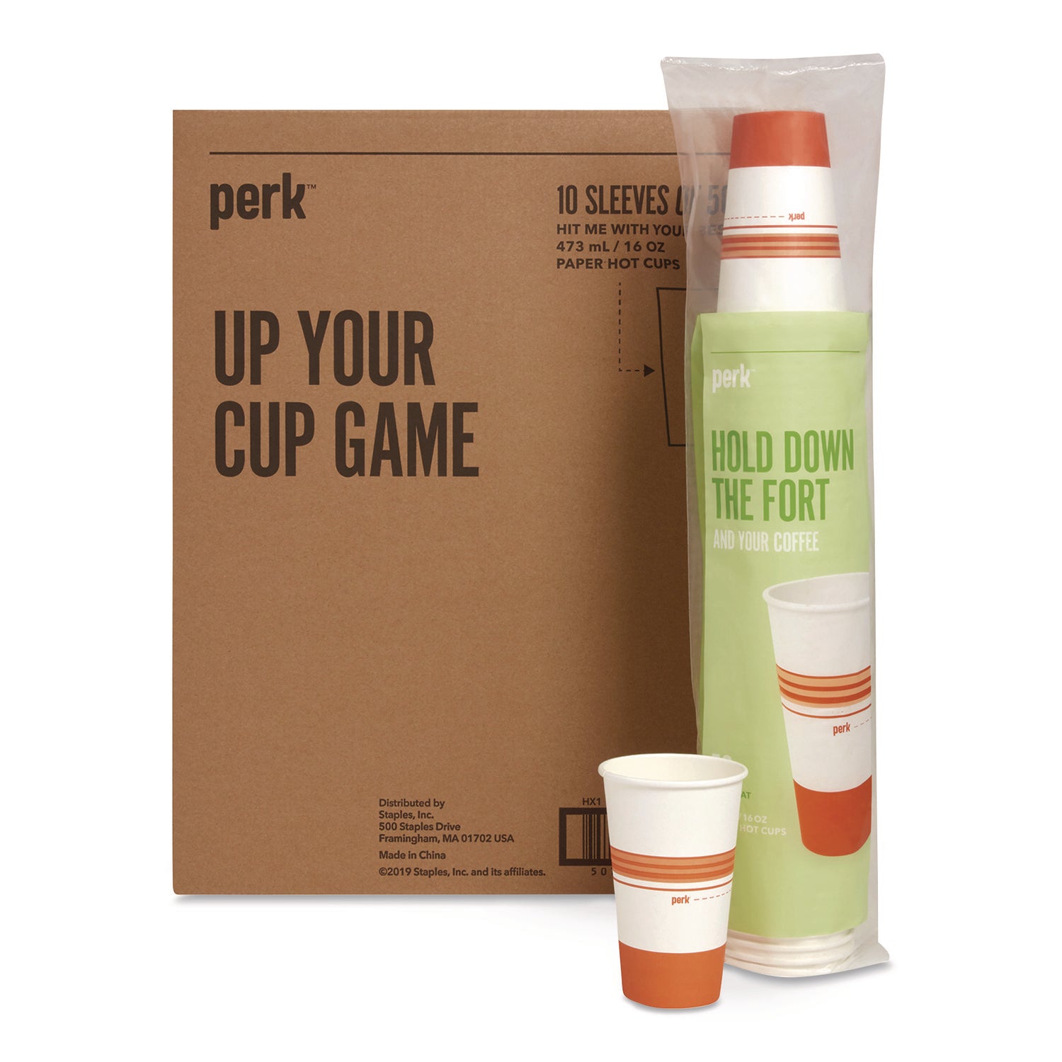 Paper Hot Cups, 16 oz, White/Orange, 500/Carton