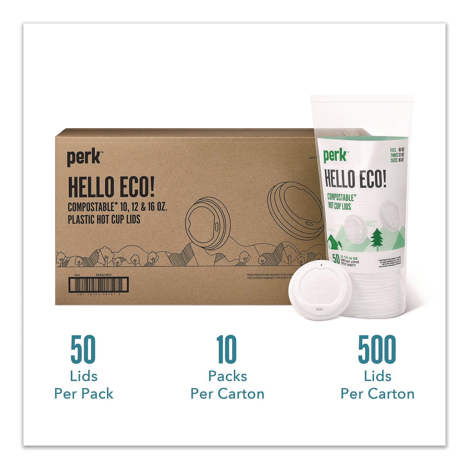 Compostable Plastic Hot Cup Lids, Fits 10 oz to 16 oz Hot Cups, Plastic, White, 500/Carton