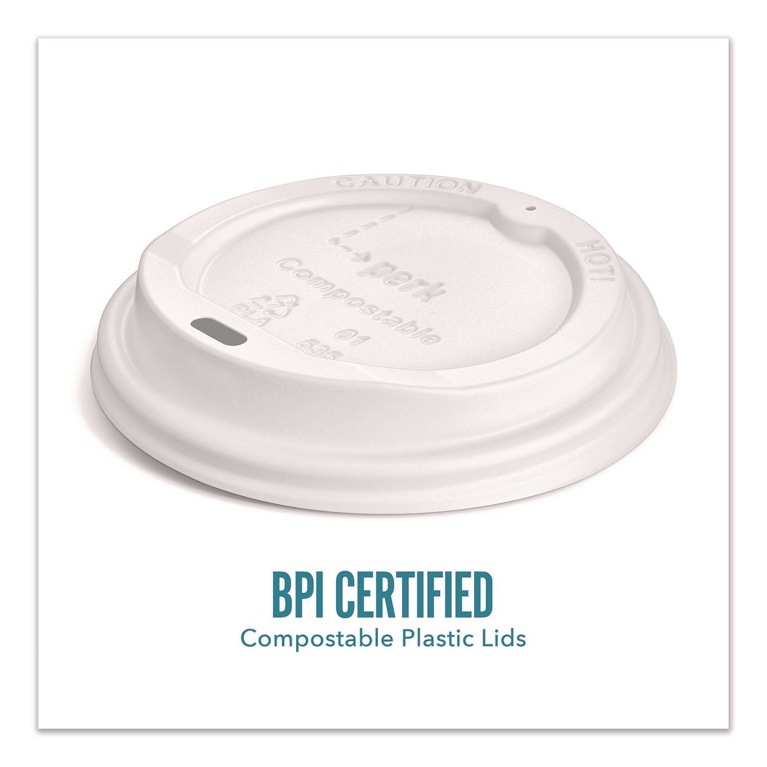 Compostable Plastic Hot Cup Lids, Fits 10 oz to 16 oz Hot Cups, Plastic, White, 500/Carton