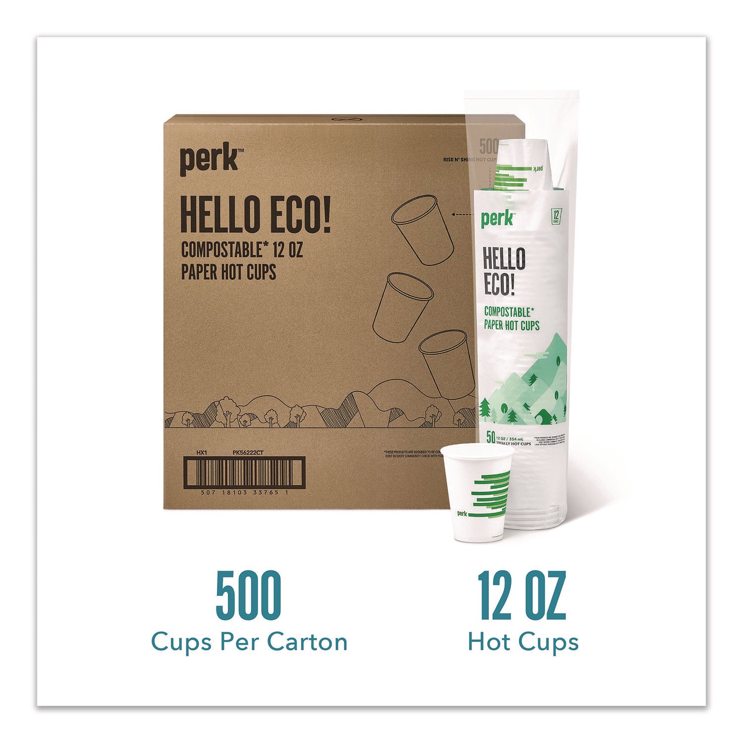 Eco-ID Compostable Paper Hot Cups, 12 oz, White/Green, 500/Carton