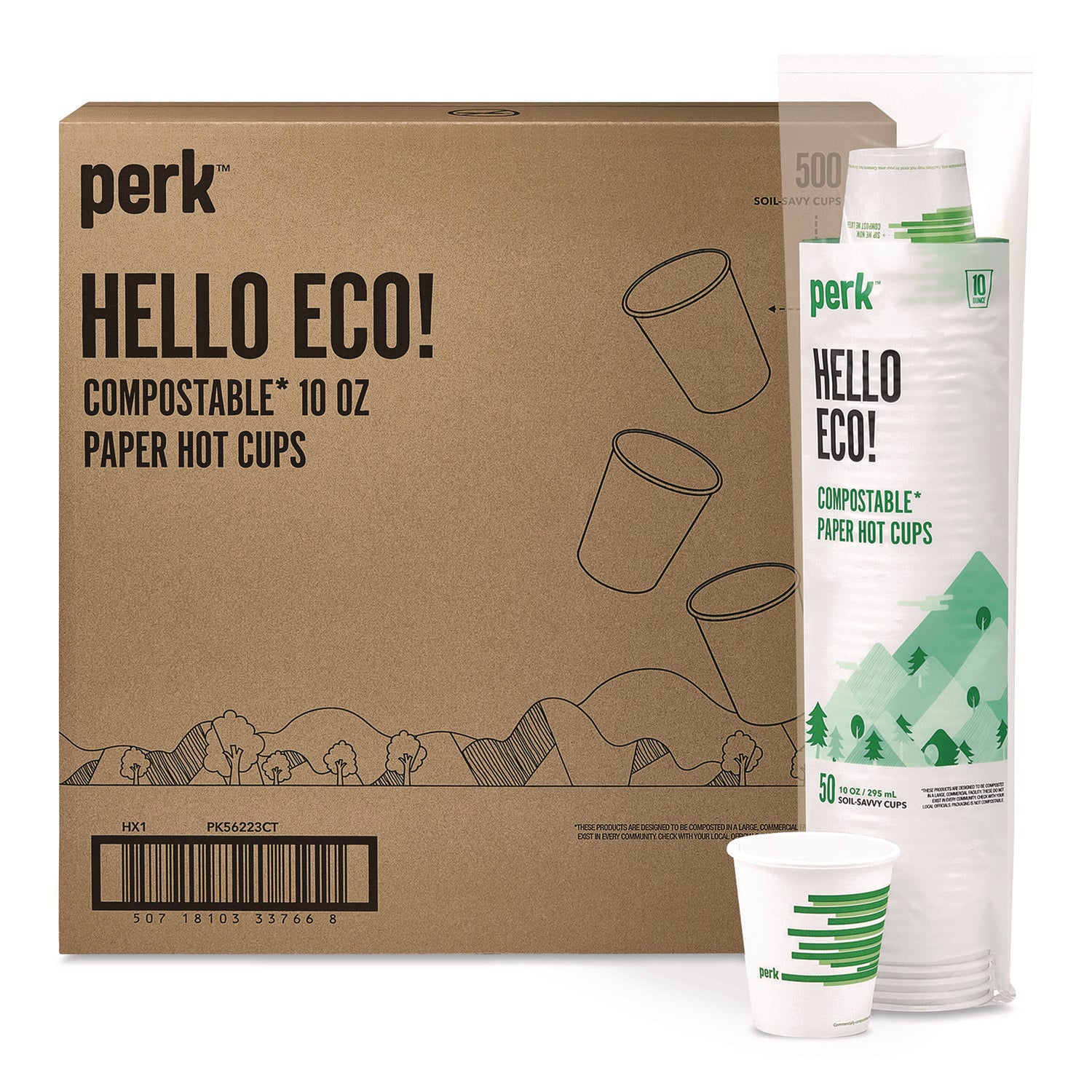 Eco-ID Compostable Paper Hot Cups, 10 oz, White/Green, 500/Carton