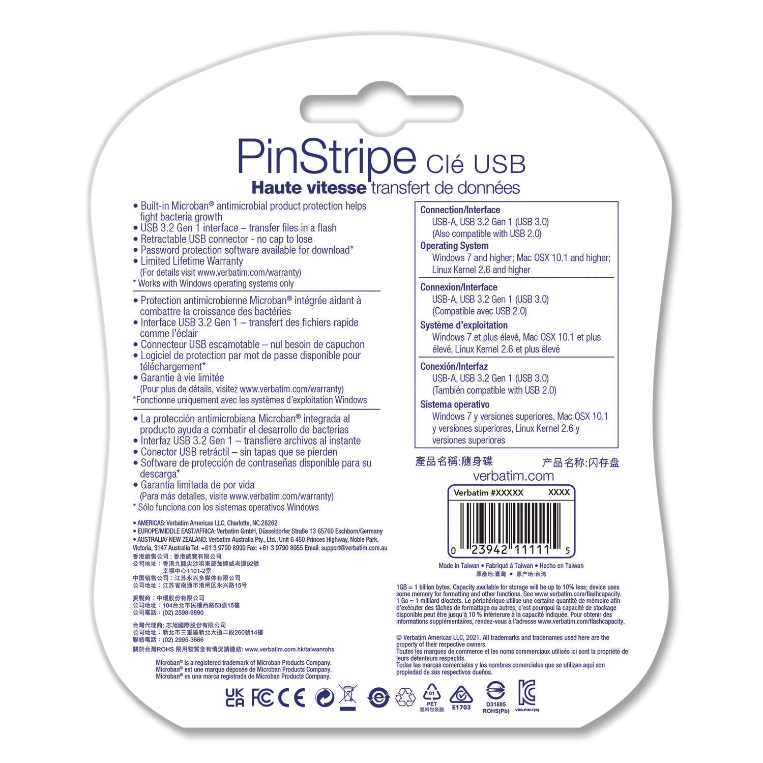 PinStripe USB 3.2 Flash Drive, 64 GB, Assorted Colors, 5/Pack