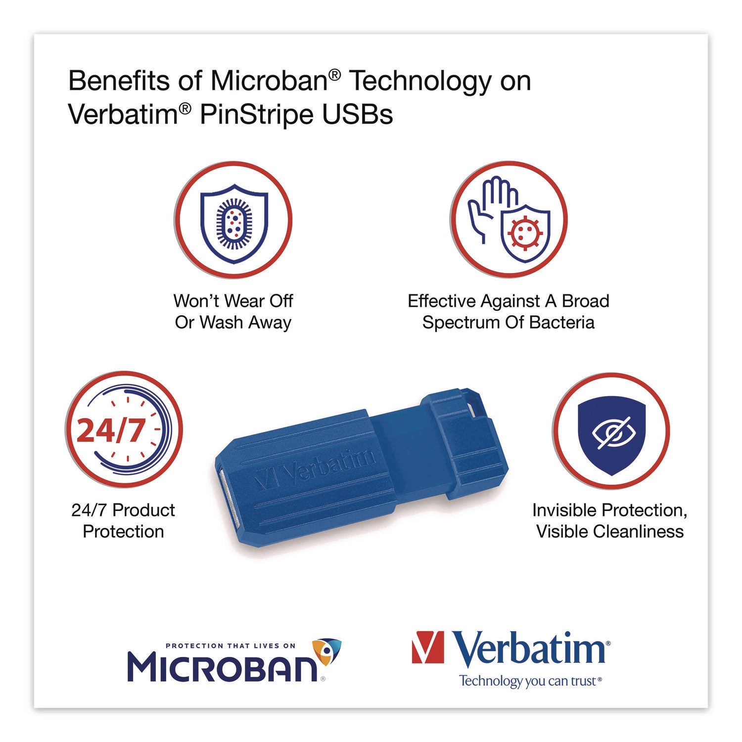 PinStripe USB 2.0 Flash Drive, 128 GB, Blue/Red, 2/Pack