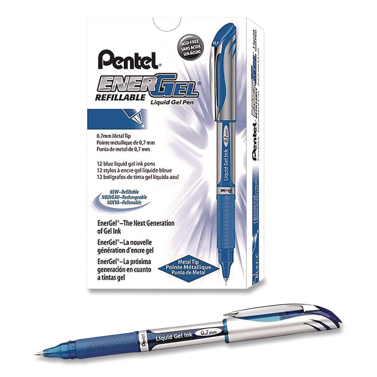 EnerGel Deluxe Gel Pen, Stick, Medium 0.7 mm, Blue Ink, Silver/Blue Barrel, Dozen