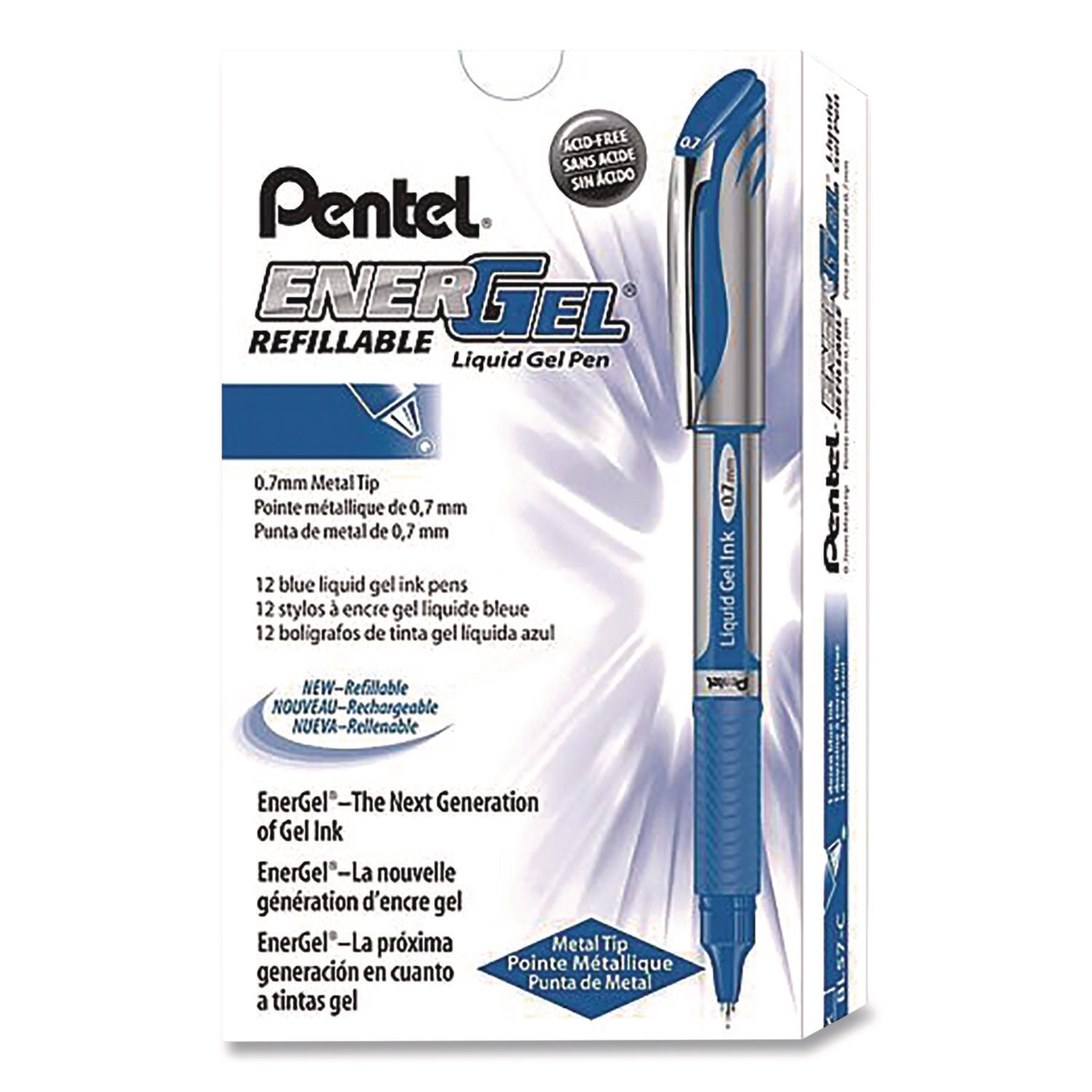 EnerGel Deluxe Gel Pen, Stick, Medium 0.7 mm, Blue Ink, Silver/Blue Barrel, Dozen
