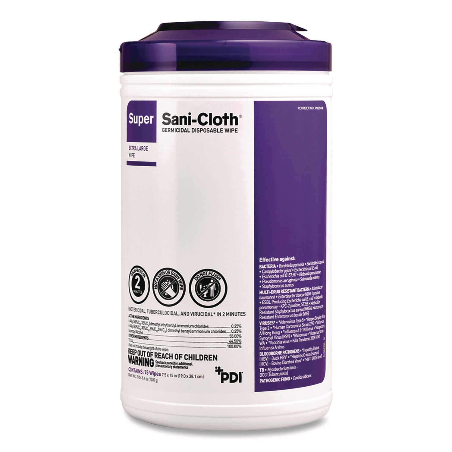 Super Sani-Cloth Disinfecting Wipes, 15 x 7.5, Unscented, White, 75 Wipes/Canister, 6/Carton