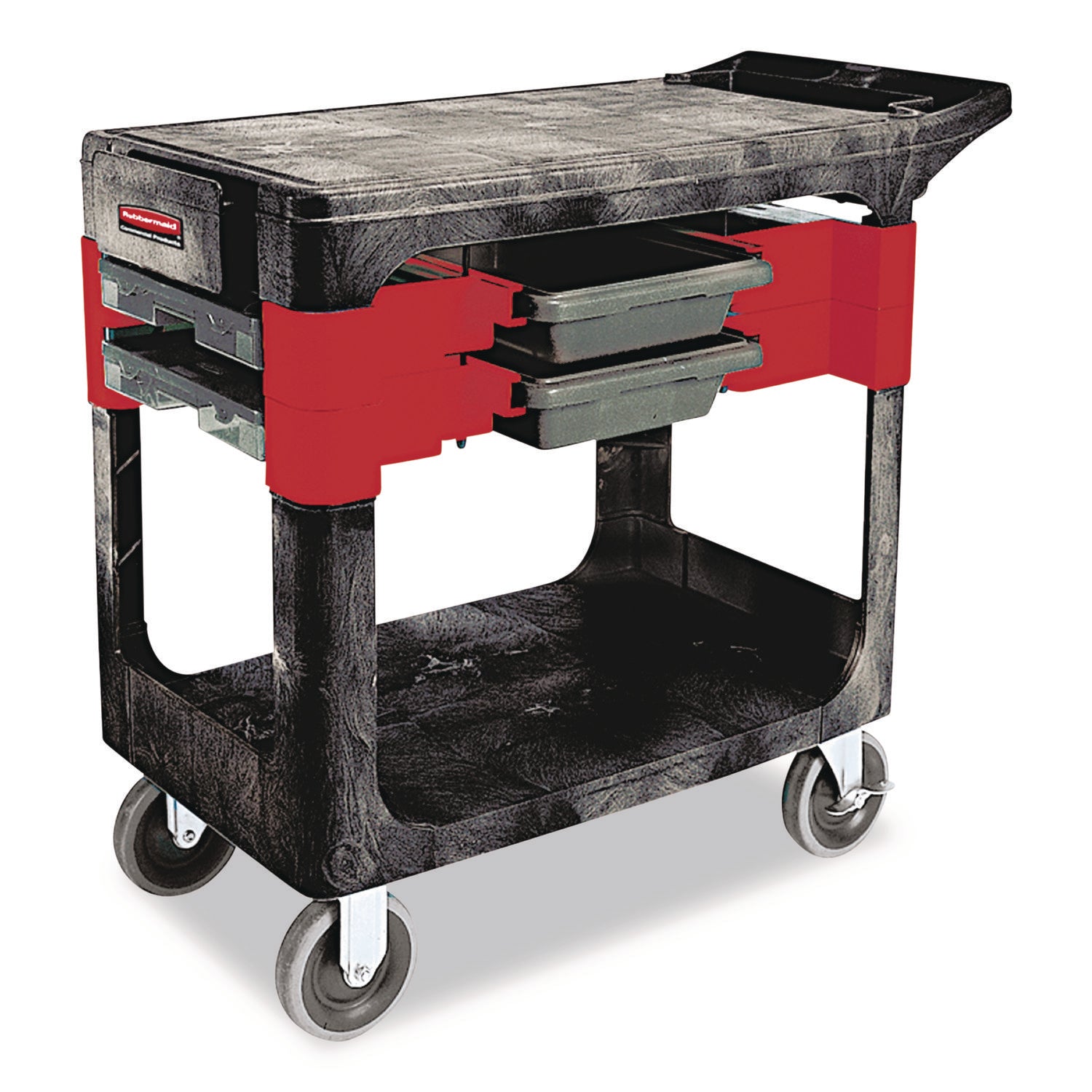 Two-Shelf Trades Cart, Plastic, 2 Shelves, 2 Drawers, 330 lb Capacity, 19.25" x 38" x 33.38", Black