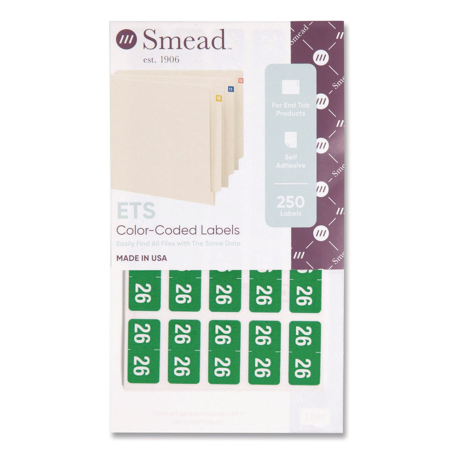 Smead ETS Color-Coded Year Labels, Green, Laminated, Self-Adhesive, 1/2" x 1", 25 Labels/Sheet, 10 Sheets, 2026 Total Labels, 1 Pack