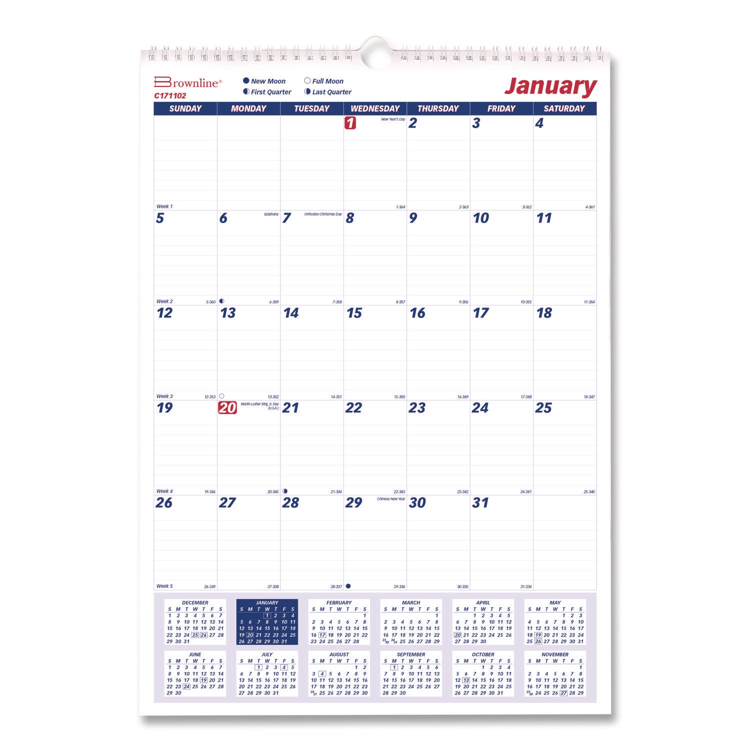 Julian Dates - Monthly - 1 Year - January 2026 to December 2026 - 1 Month Single Page Layout - 12" x 17" Sheet Size - Twin Wire - White - 1 Each
