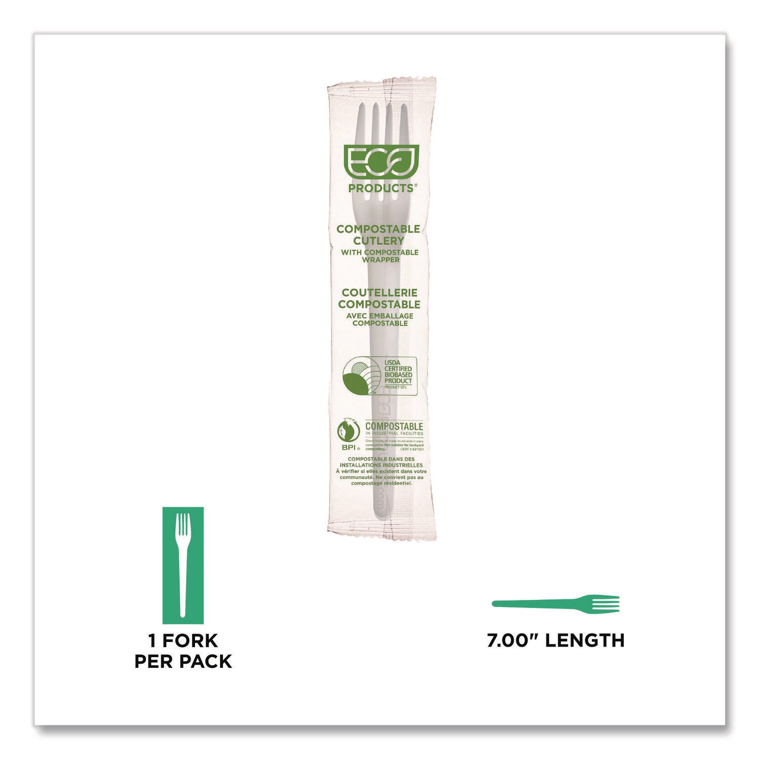 Plantware CPLA Cutlery, Individually Wrapped, Fork, White, 1,000/Carton
