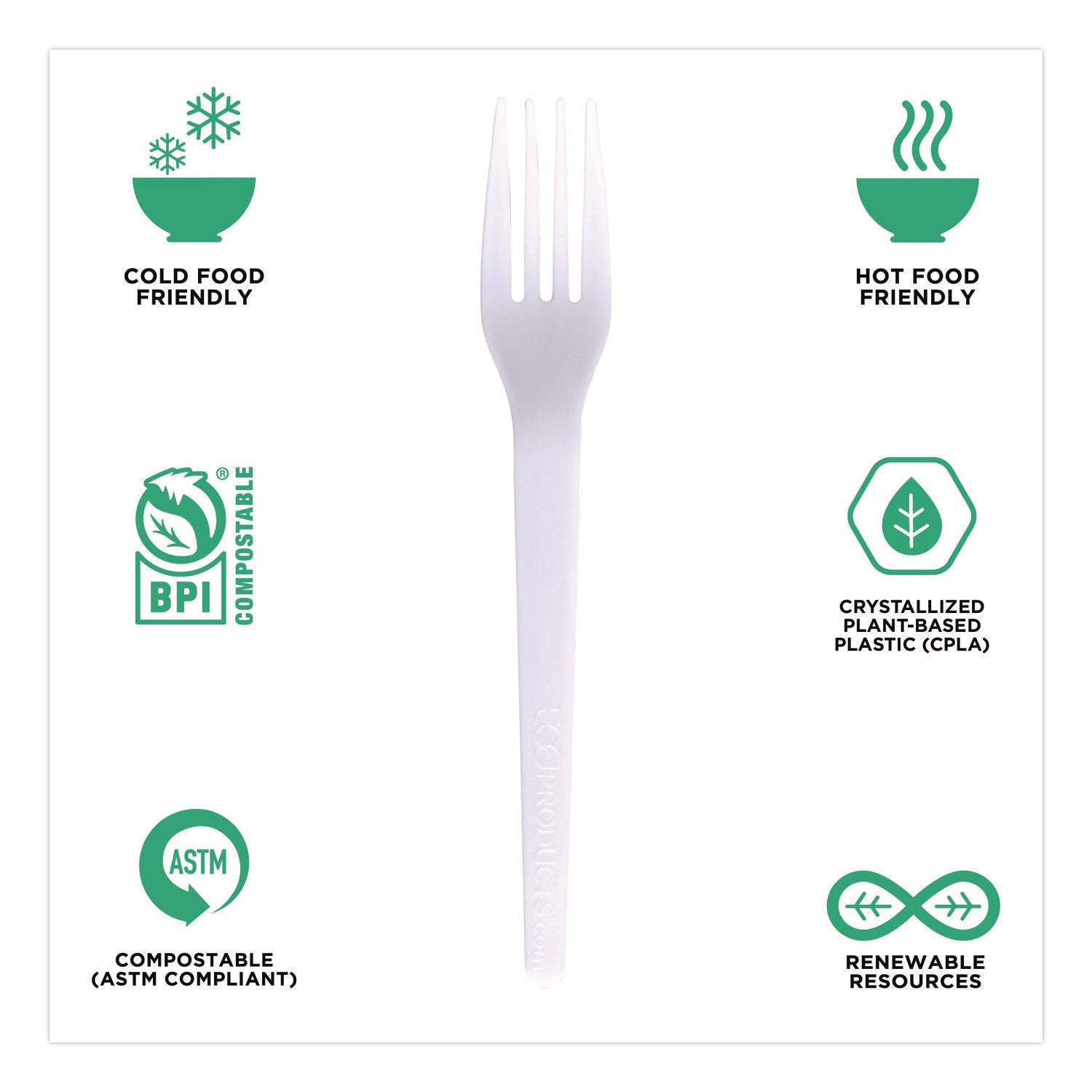 Plantware CPLA Cutlery, Fork, White, 1,000/Carton