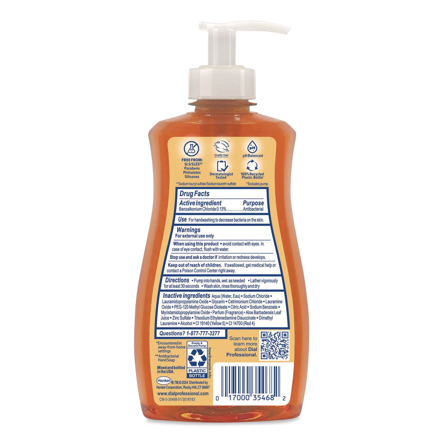 Dial Professional Antibacterial Defense Liquid Hand Soap, Fresh & Aloe Vera Scent, Pump Dispenser, Gold, Cruelty-free, Paraben-free, Phthalate-free, Silicone-free, Sulfate-free, Recycled, 1 Each