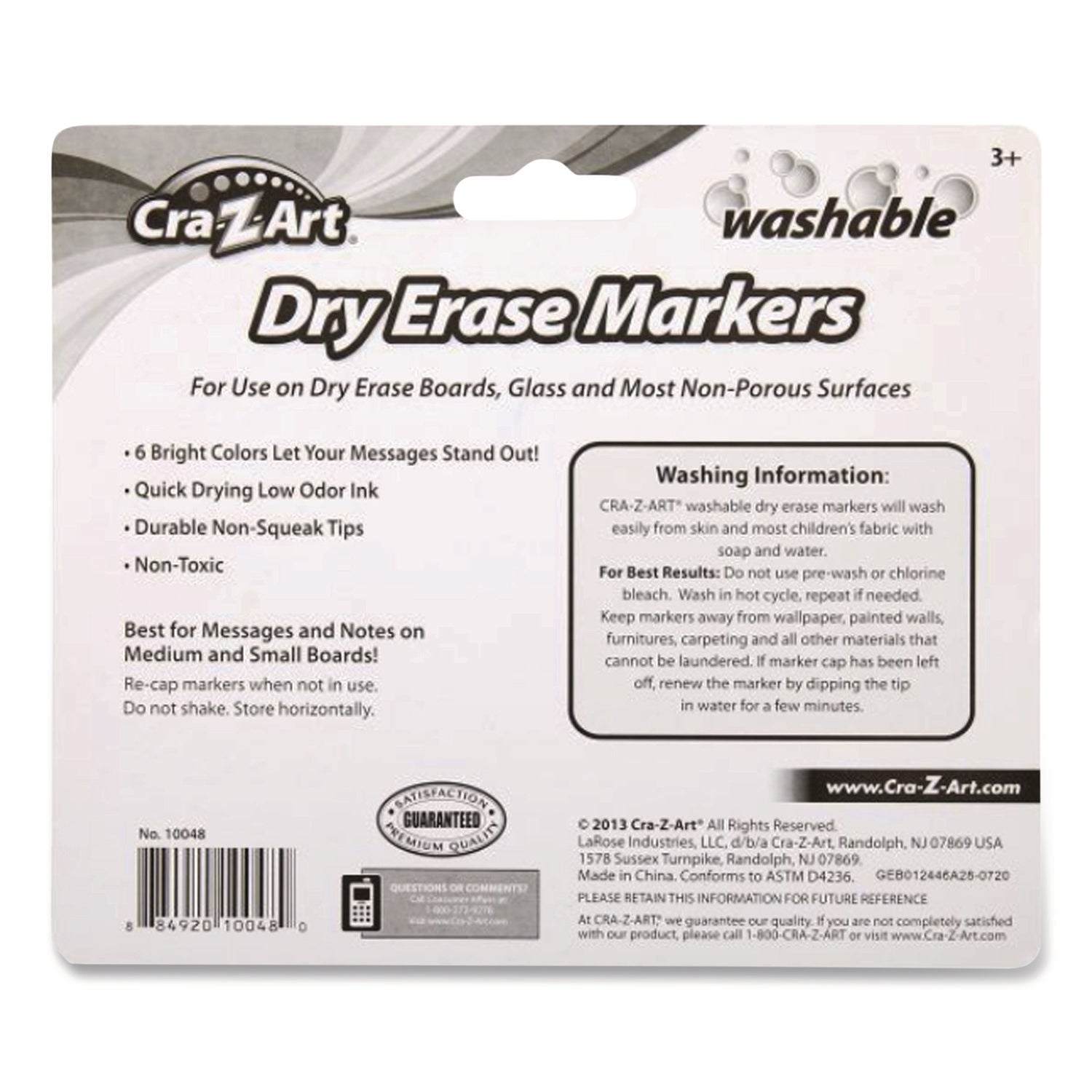 Washable Dry Erase Markers, Broad, Bullet Tip, Assorted Colors, 6/Set